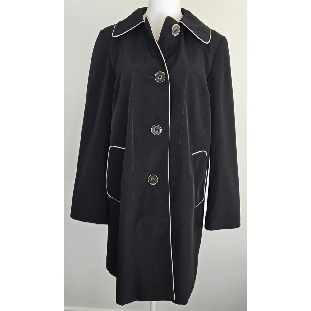 Anne Klein Black Trench Coat Windbreaker Lined W Sz Medium Satin Quiet Luxury